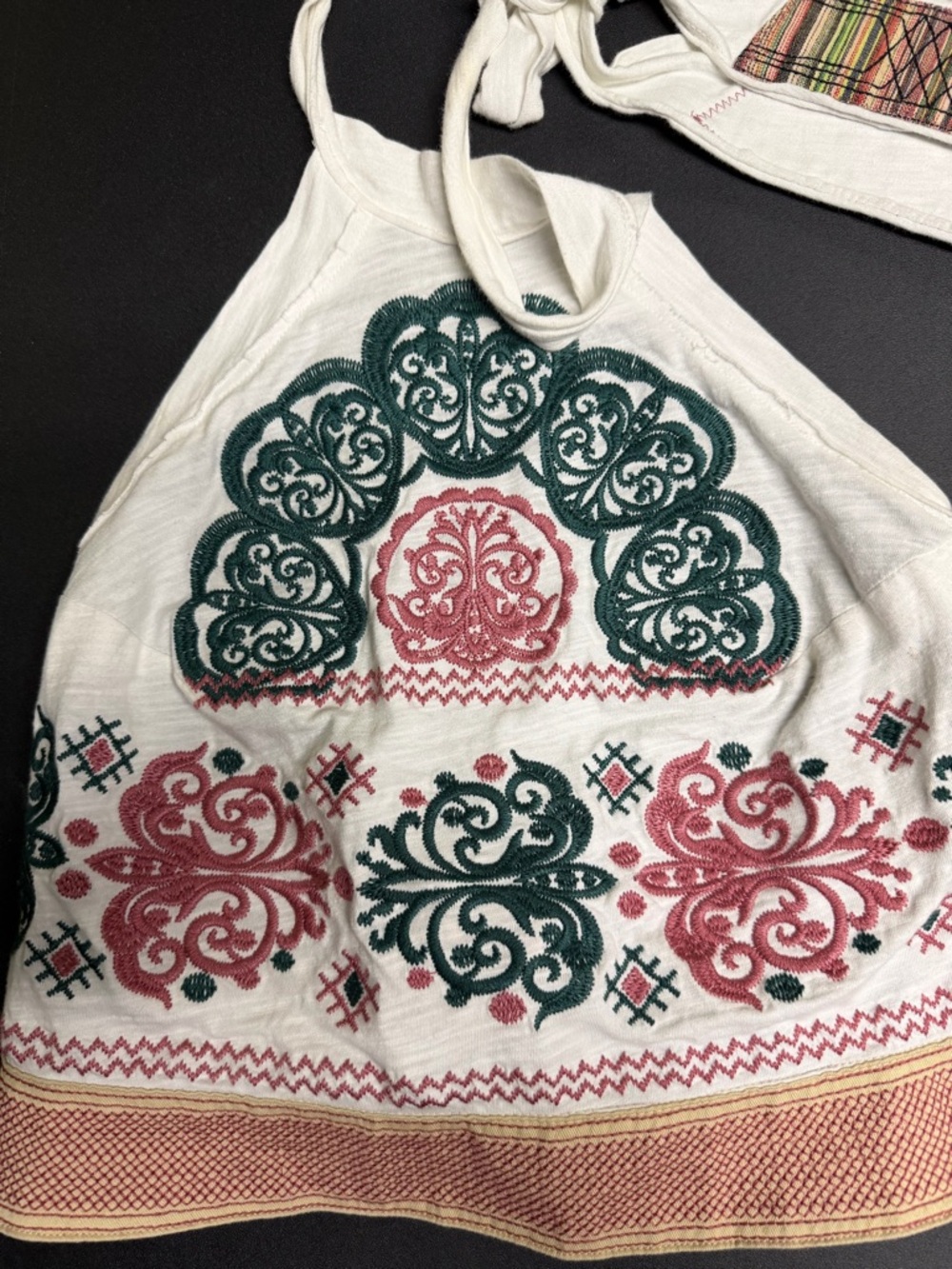 Altar'd State White Crop Halter Top with Green and Rose Collr Embroidery
